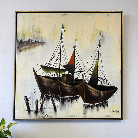 Large Vintage “Sail Boats On Water” Painting