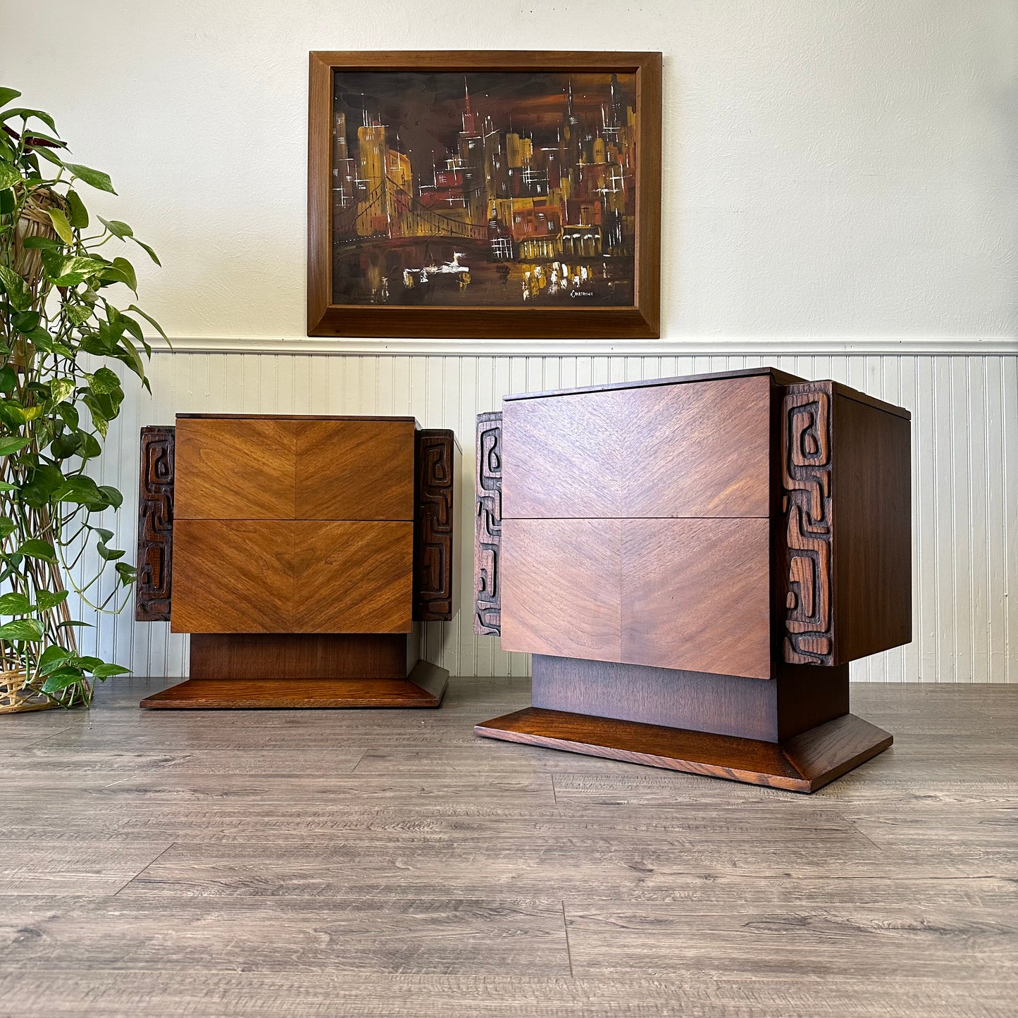 Mid Century United Brutalist Tiki Nightstands