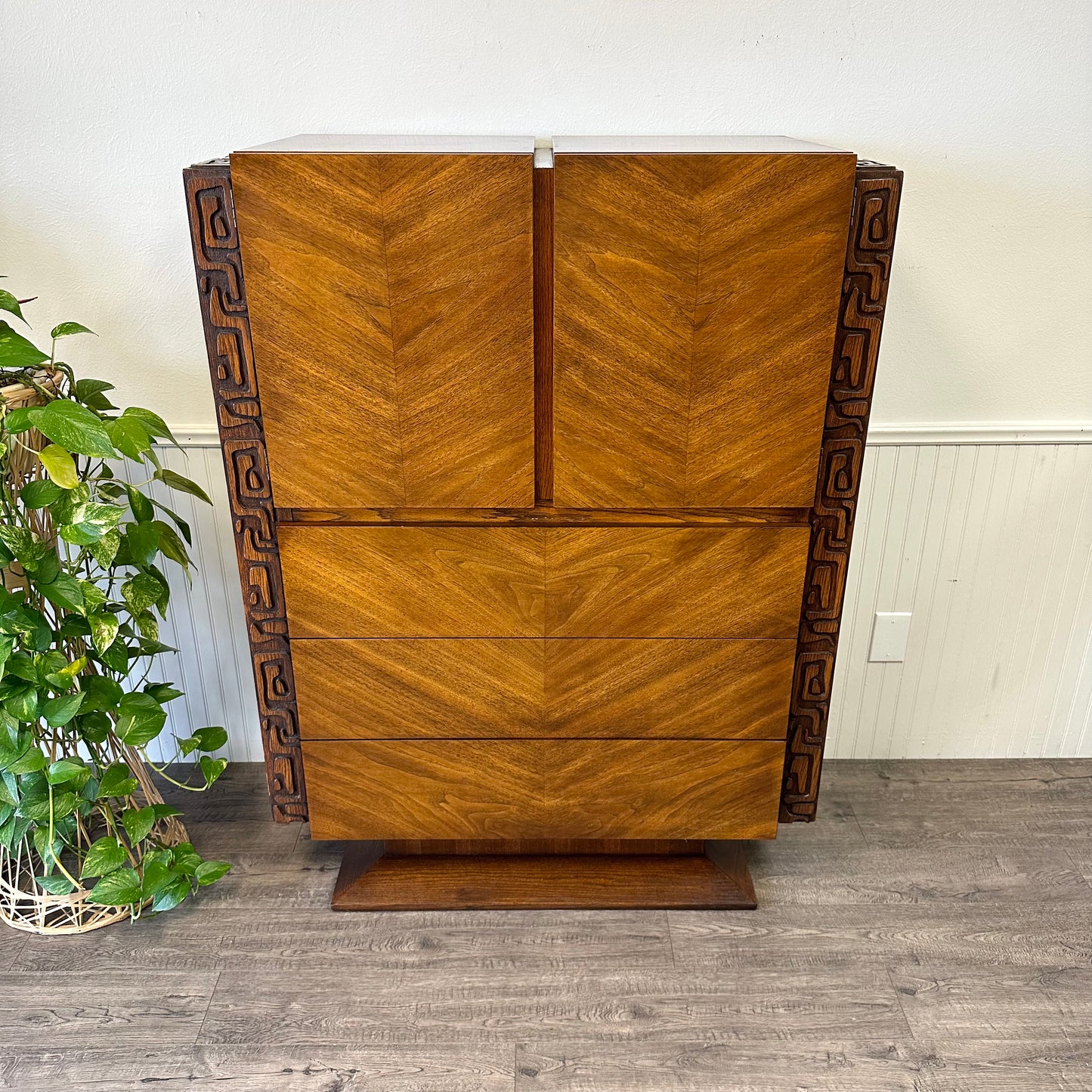 Mid Century United Brutalist Tiki Highboy.