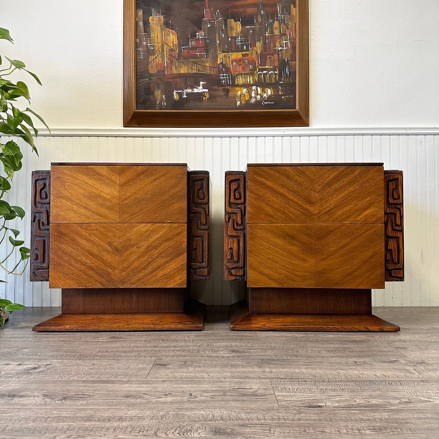 Mid Century United Brutalist Tiki Nightstands