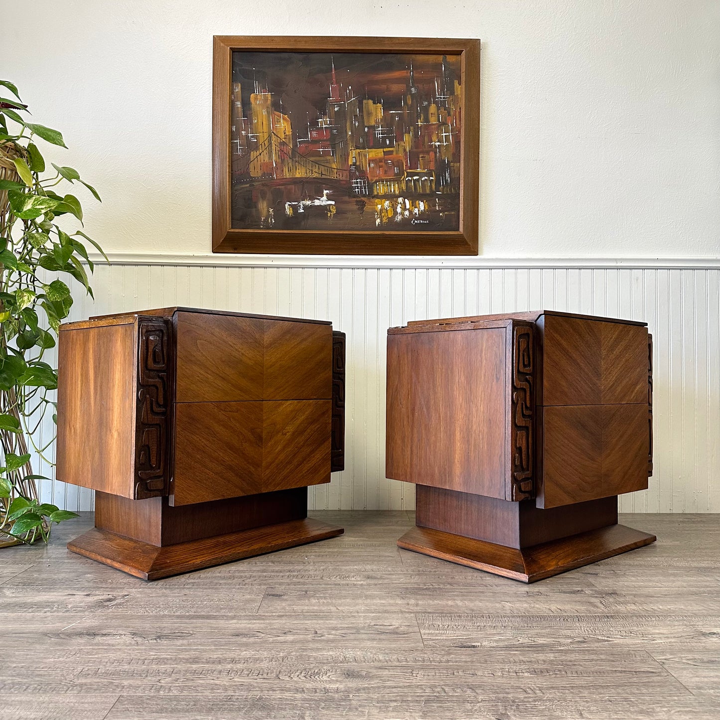 Mid Century United Brutalist Tiki Nightstands