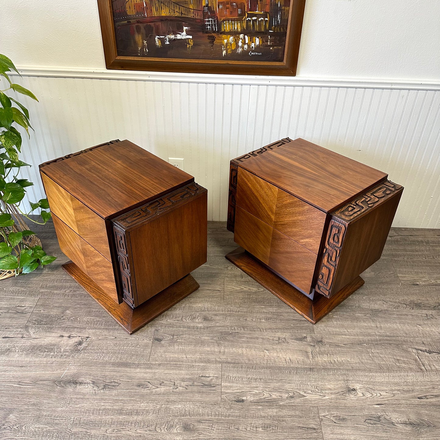 Mid Century United Brutalist Tiki Nightstands