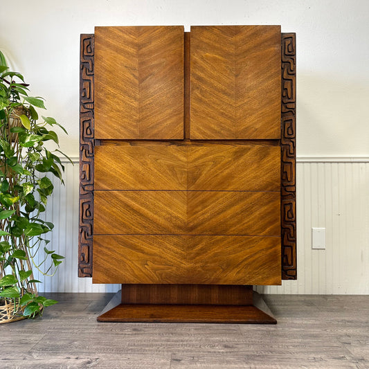 Mid Century United Brutalist Tiki Highboy.