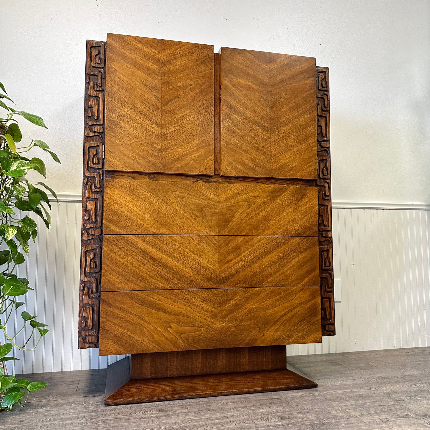 Mid Century United Brutalist Tiki Highboy.