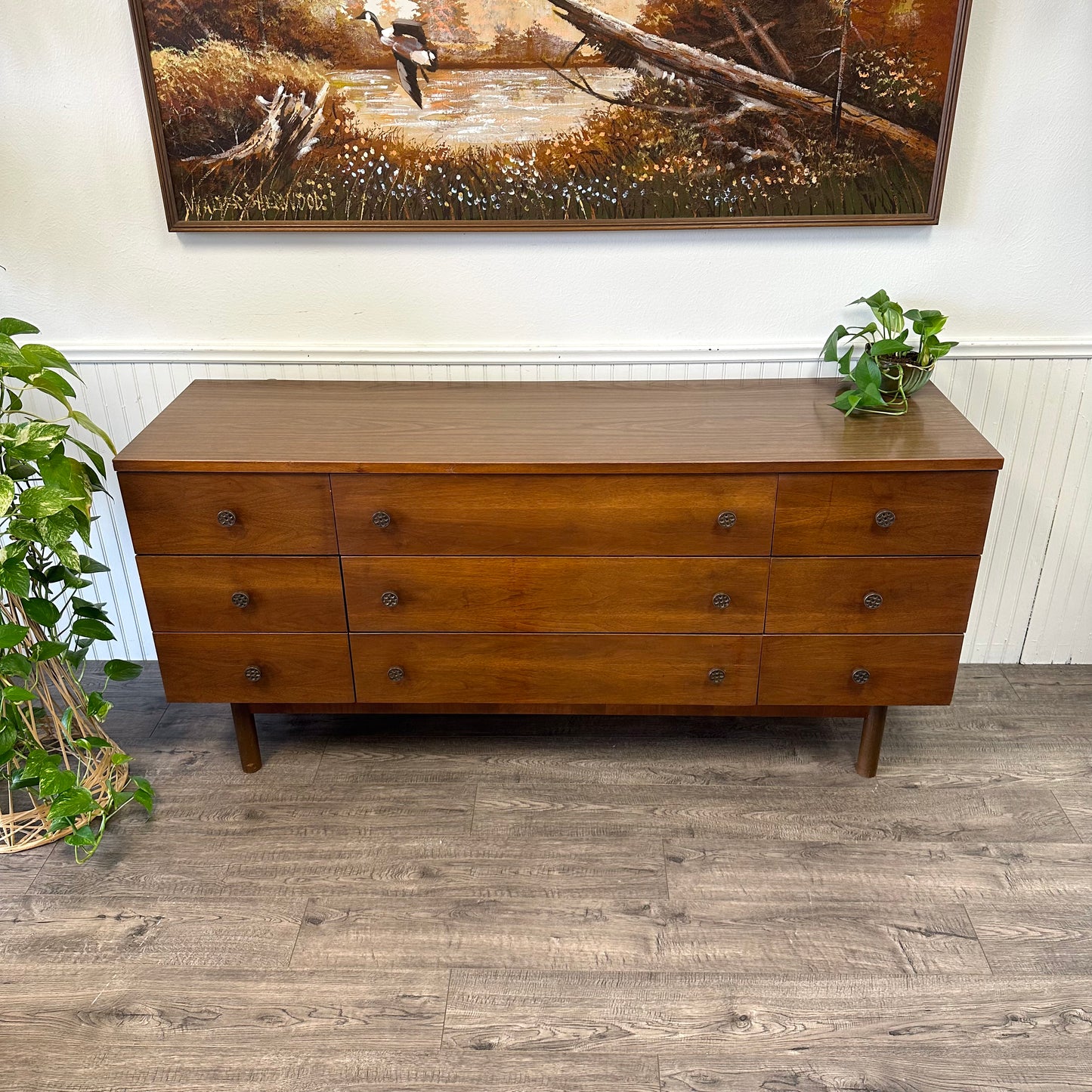 Mid Century 9 Drawer Dresser & Single Drawer Nightstand By Stanley