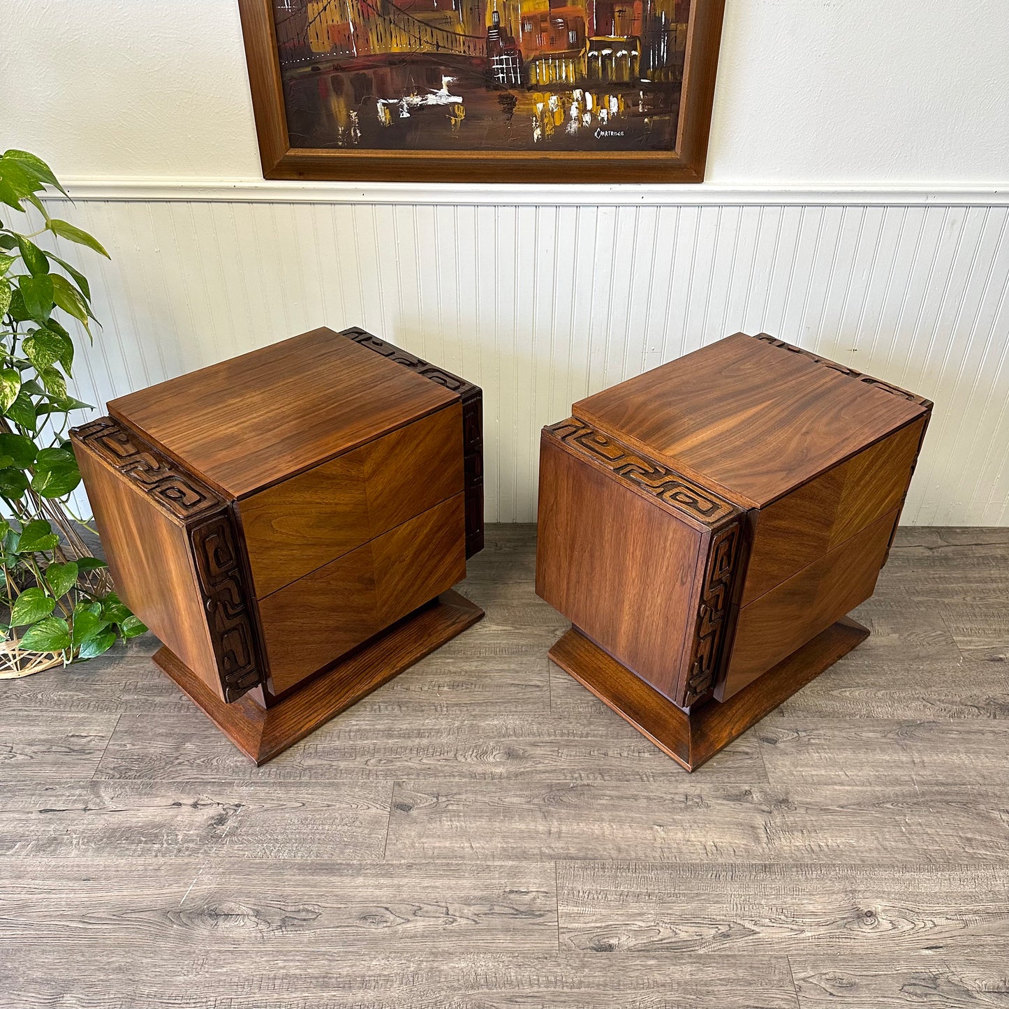 Mid Century United Brutalist Tiki Nightstands