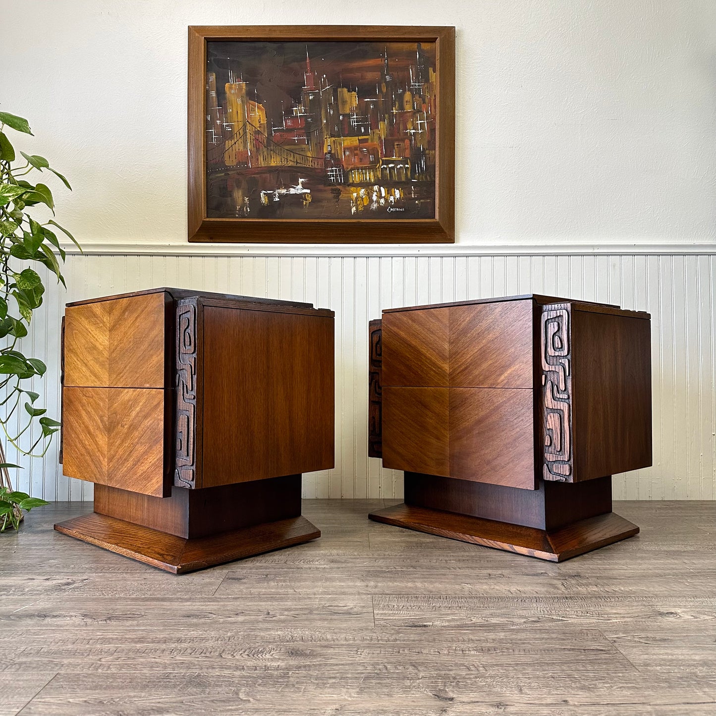 Mid Century United Brutalist Tiki Nightstands