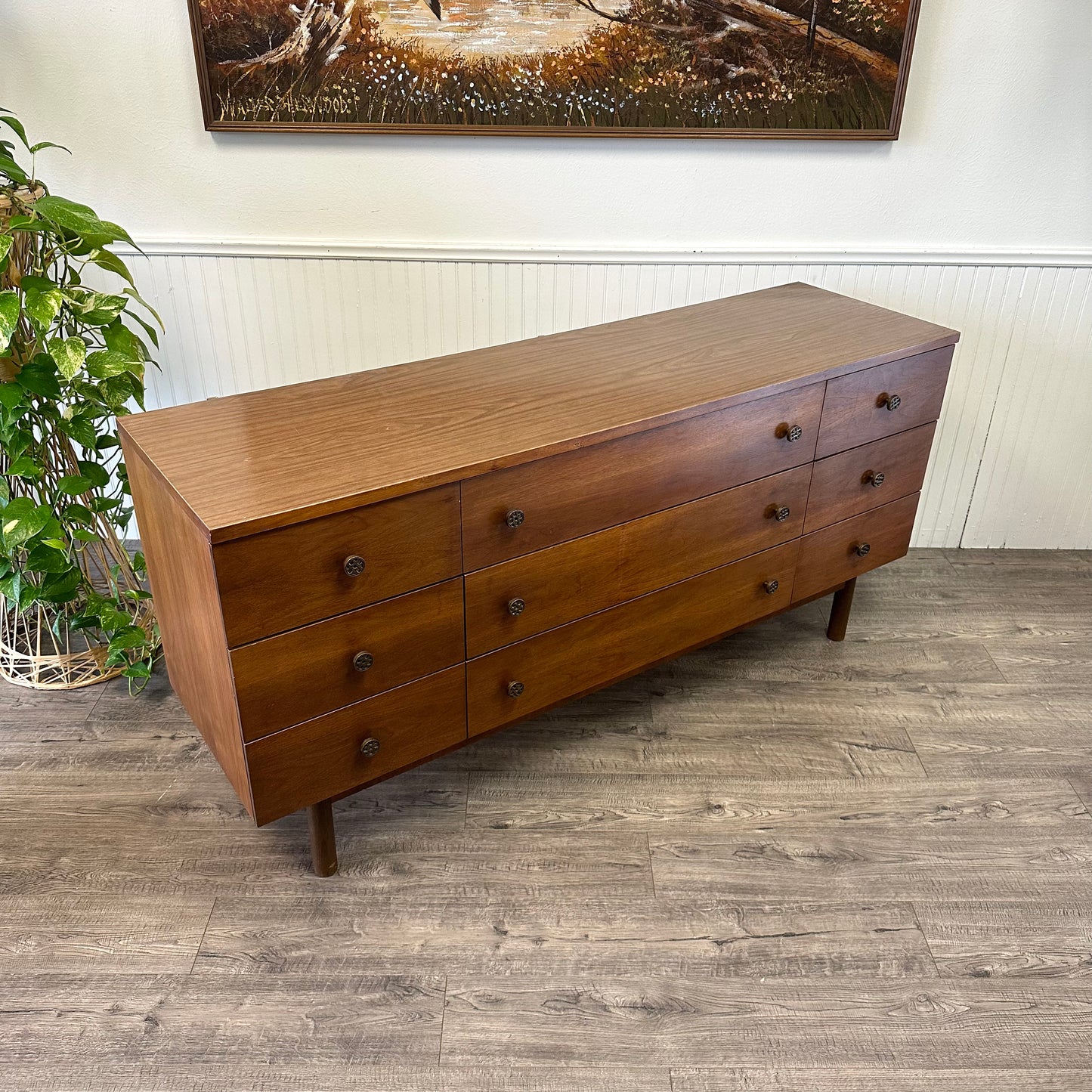 Mid Century 9 Drawer Dresser & Single Drawer Nightstand By Stanley