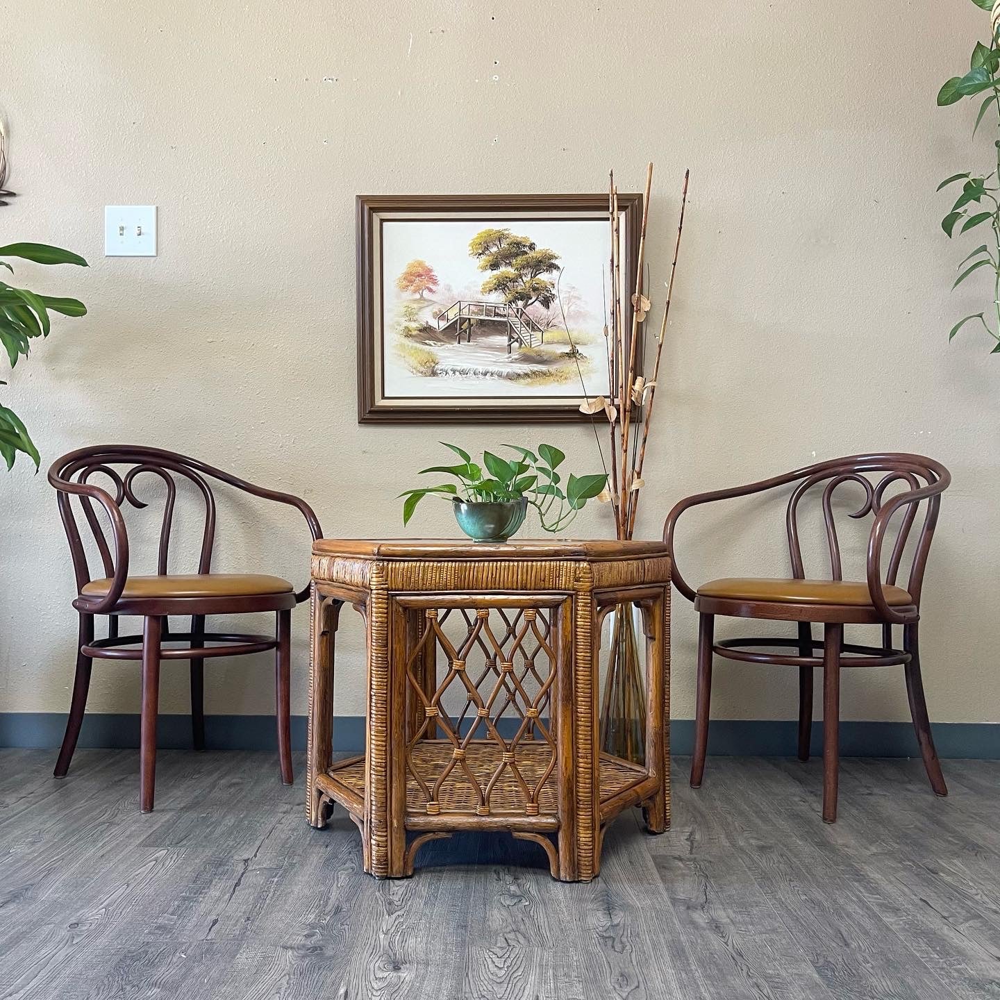 Oversized Vintage Rattan/Wicker/Glass Hexagon Side Table