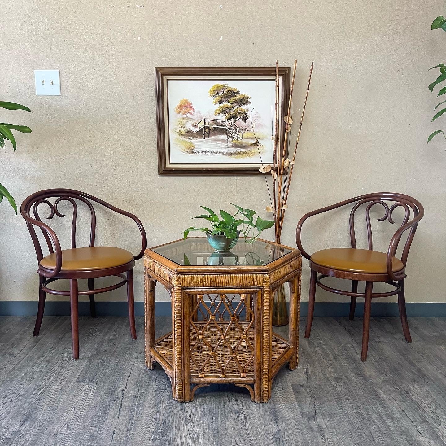 Oversized Vintage Rattan/Wicker/Glass Hexagon Side Table