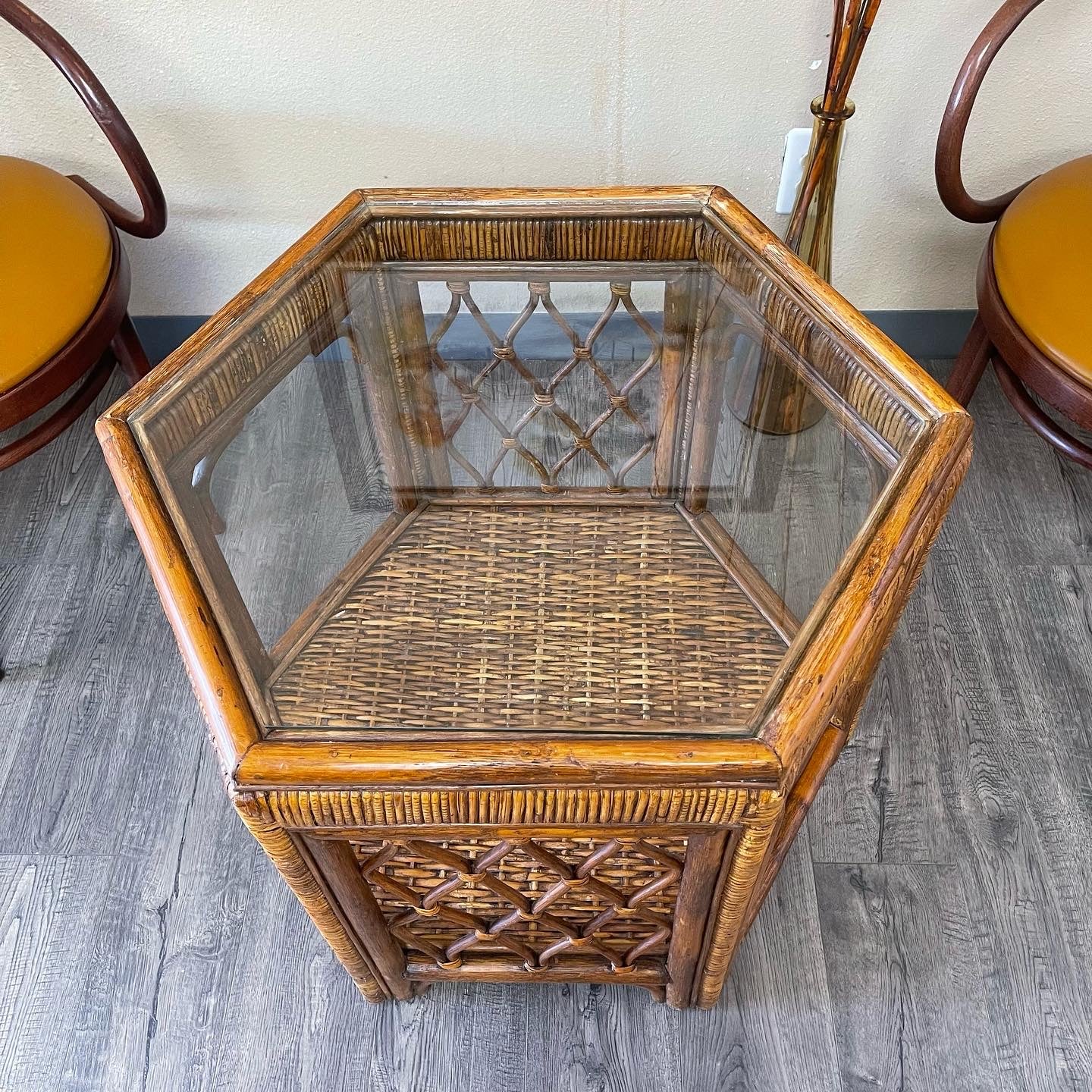 Oversized Vintage Rattan/Wicker/Glass Hexagon Side Table