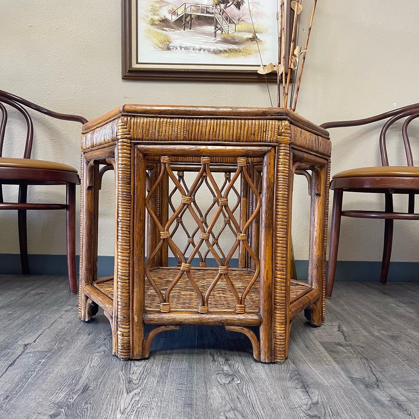 Oversized Vintage Rattan/Wicker/Glass Hexagon Side Table