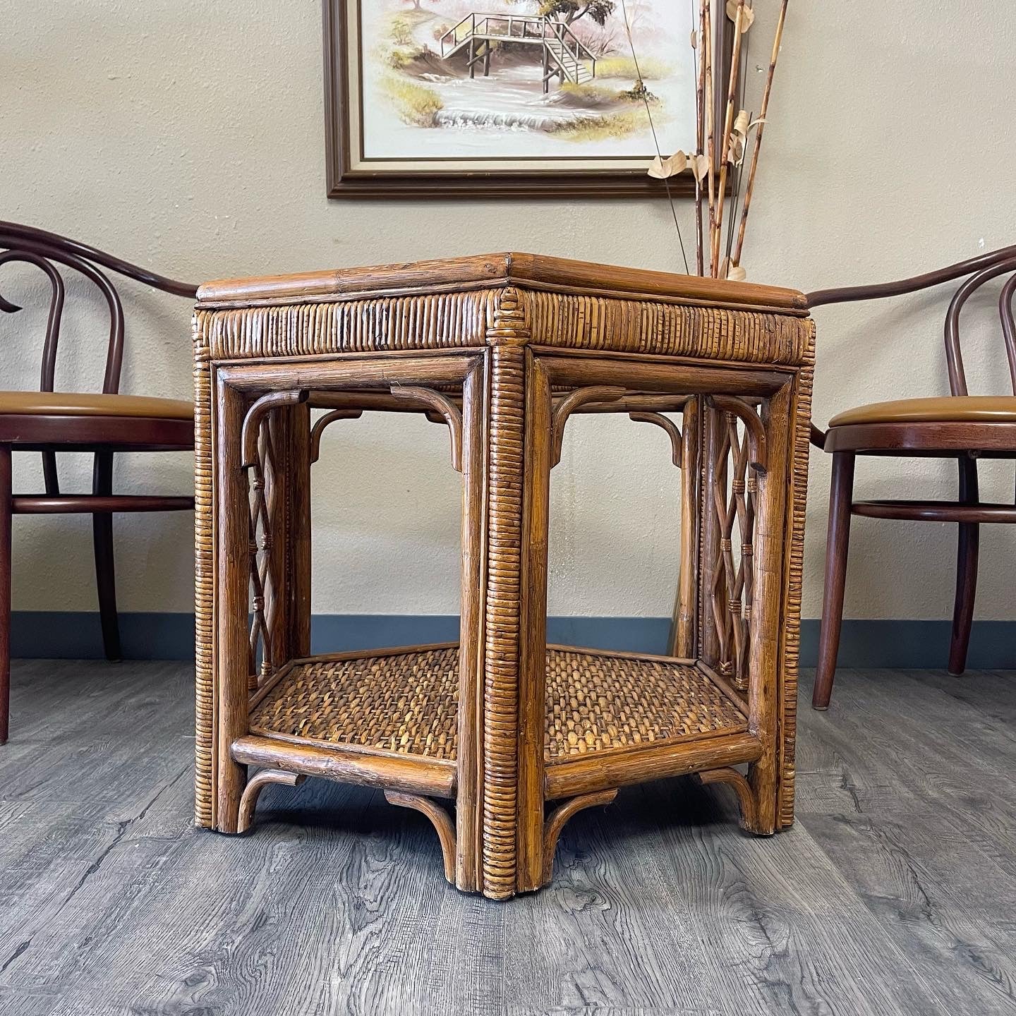 Oversized Vintage Rattan/Wicker/Glass Hexagon Side Table