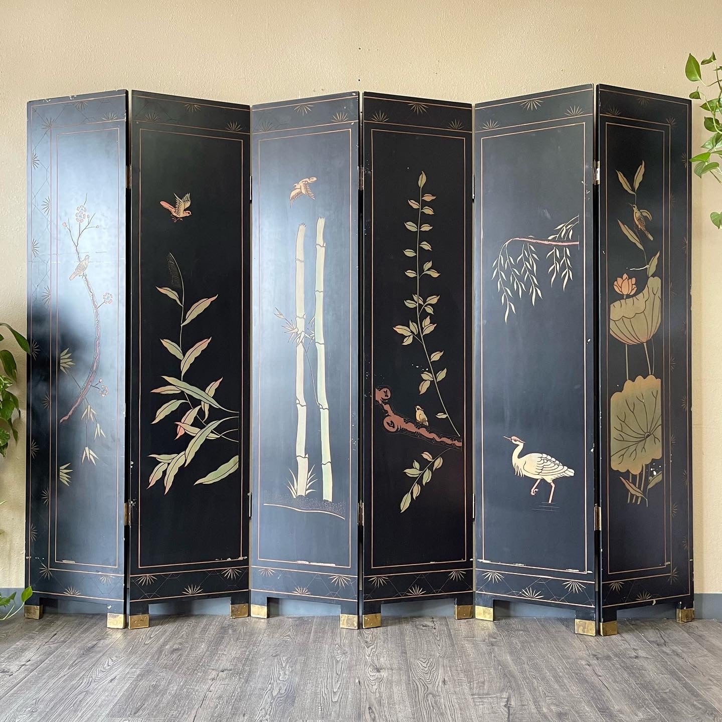 Vintage Black lacquered 6 Panel Hand Painted Room Divider