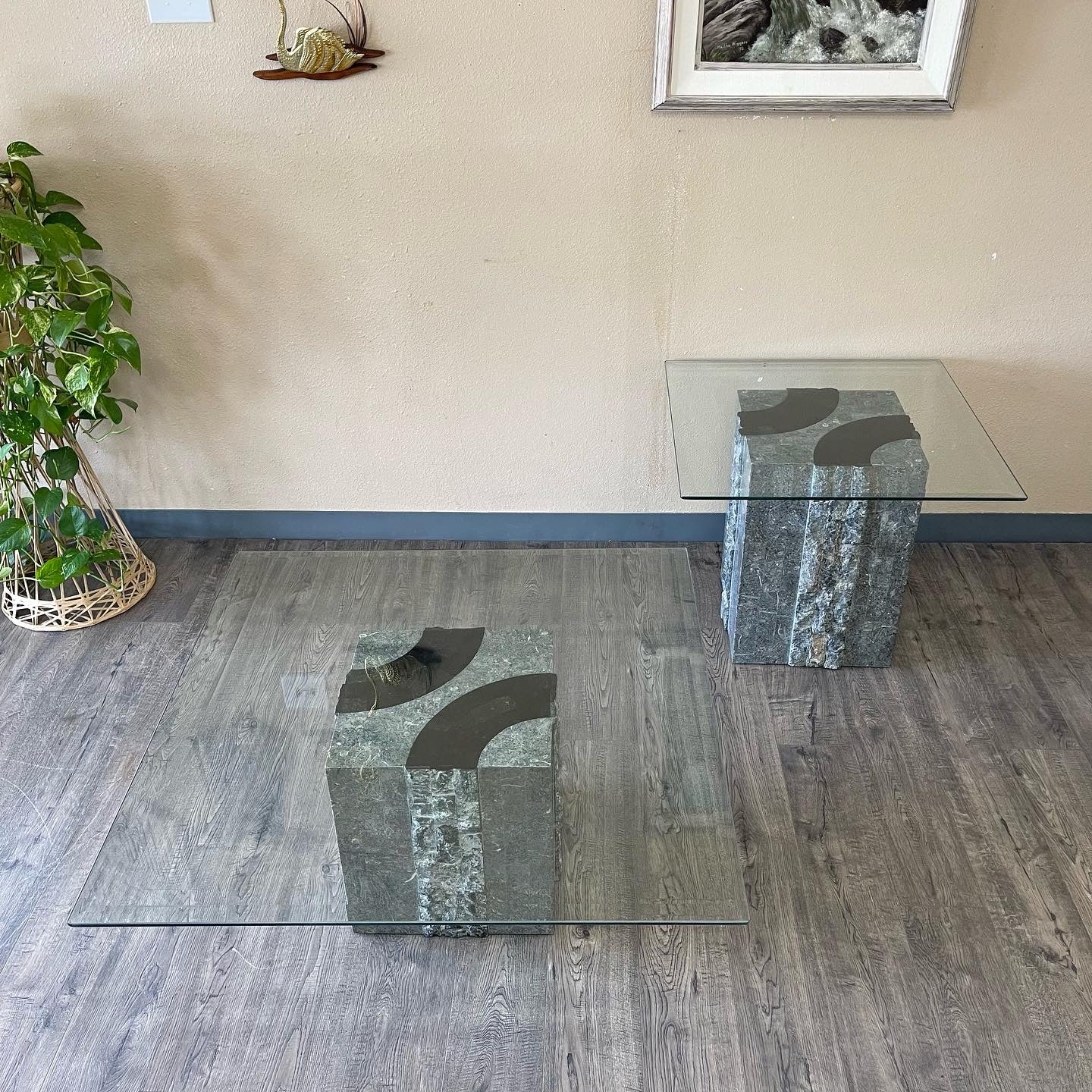 Postmodern Tessellated Stone Coffee Table & Side Table