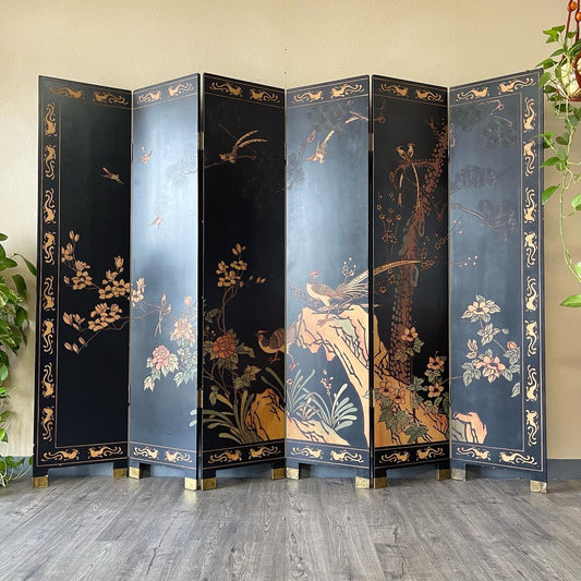 Vintage Black lacquered 6 Panel Hand Painted Room Divider